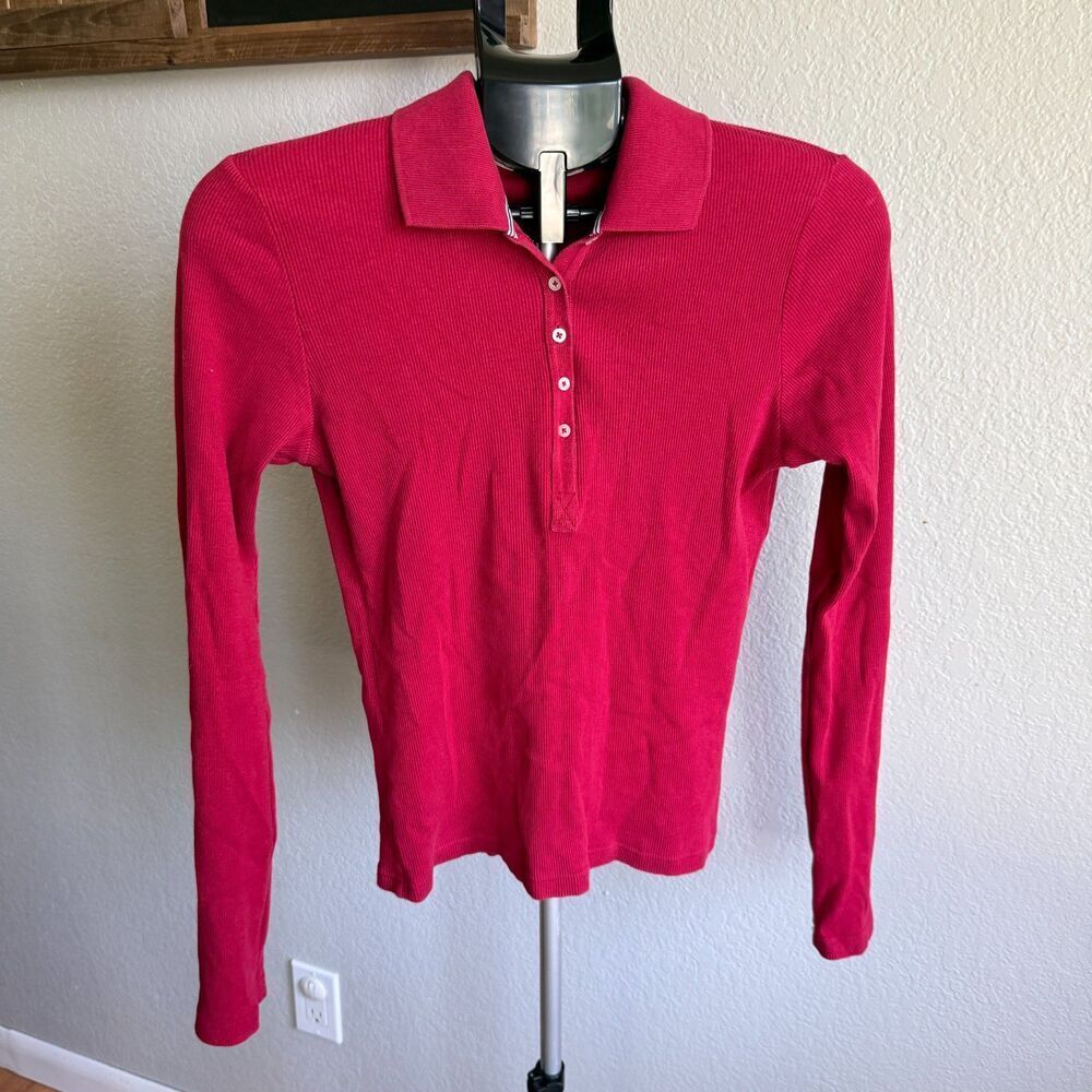 Abercrombie and Fitch Y2K Ribbed Knit Long Sleeve Half Button Collared Women's L
